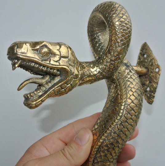 2 large SNAKE python cobra 100% brass door PULL handle grab green16" old style B 