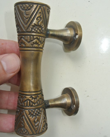 2 amazing 4.1/2 " small engraved solid brass 12 cm hollow aged door handles old style heavy house PULL grab gate hand made cabinet pull bronze patina