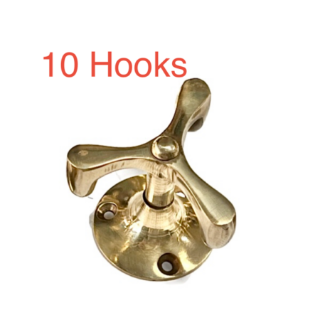 10 Small Solid Brass Spinning 3 Pronged Coat Hooks – Rotating Wardrobe Wall Hooks – Vintage Beach Style Brass Hangers