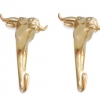 2 BULL COAT HOOK heavy solid pure aged polished old brass vintage style 6" hooks 15 cm steer cow cattle hooks