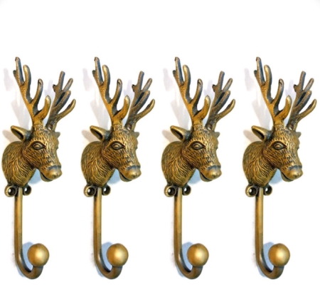 4 large STAG deer COAT HOOK solid brass antiques vintage old style 7" hook natural bronze aged patina heavy