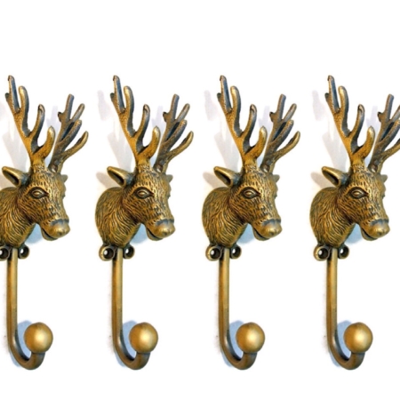 4 large STAG deer COAT HOOK solid brass antiques vintage old style 7" hook natural bronze aged patina heavy