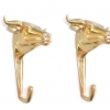 2 BULL COAT HOOK heavy solid pure aged polished old brass vintage style 6" hooks 15 cm steer cow cattle hooks