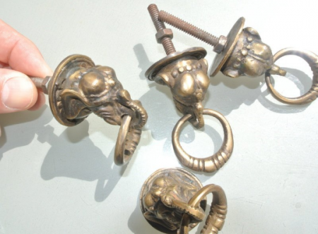 4 small ELEPHANT pulls handles antique solid brass vintage drawer knobs ring 36 mm knob heavy real bronze patina