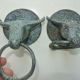 2 small bull buffalo head steer door handle solid brass old style horns ring 7 cm hook ring pull green oxidised seaside aged patina