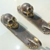2 small SKULL HOOKS small spine pure solid BRASS old vintage style antique seaside beach oxidised green 5 " long B