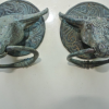 2 small bull buffalo head steer door handle solid brass old style horns ring 7 cm hook ring pull green oxidised seaside aged patina