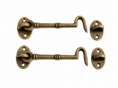 2 Medium Cabin Hooks Door Catch – 6" Solid Brass Vintage Style Heavy Duty Period Hook Latch Set