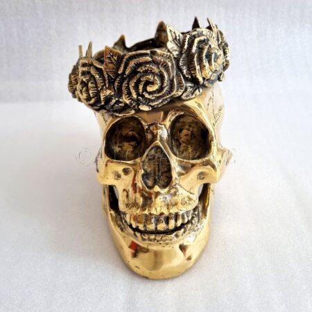 large SKULL head pure BRASS roses crown old style 10" statue heavy and Rose Skeleton Flower Gothic hollow 20 cm day of the dead