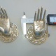 2 used small Buddha Pulls hooks knob handle Fingers silver brass door old style open HAND knobs back plate 2.1/4"