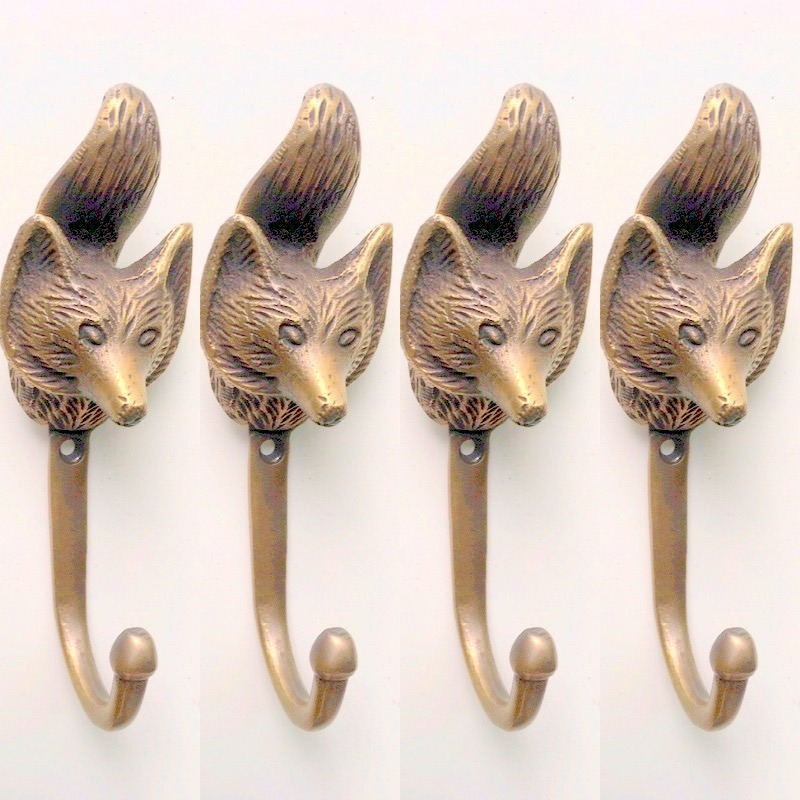 4 small version old style 11 cm Vintage FOX Head 4.1/4 Solid Brass hook  Antique Strong Wall Mount Coat Hat Hook old vintage style hand made pure