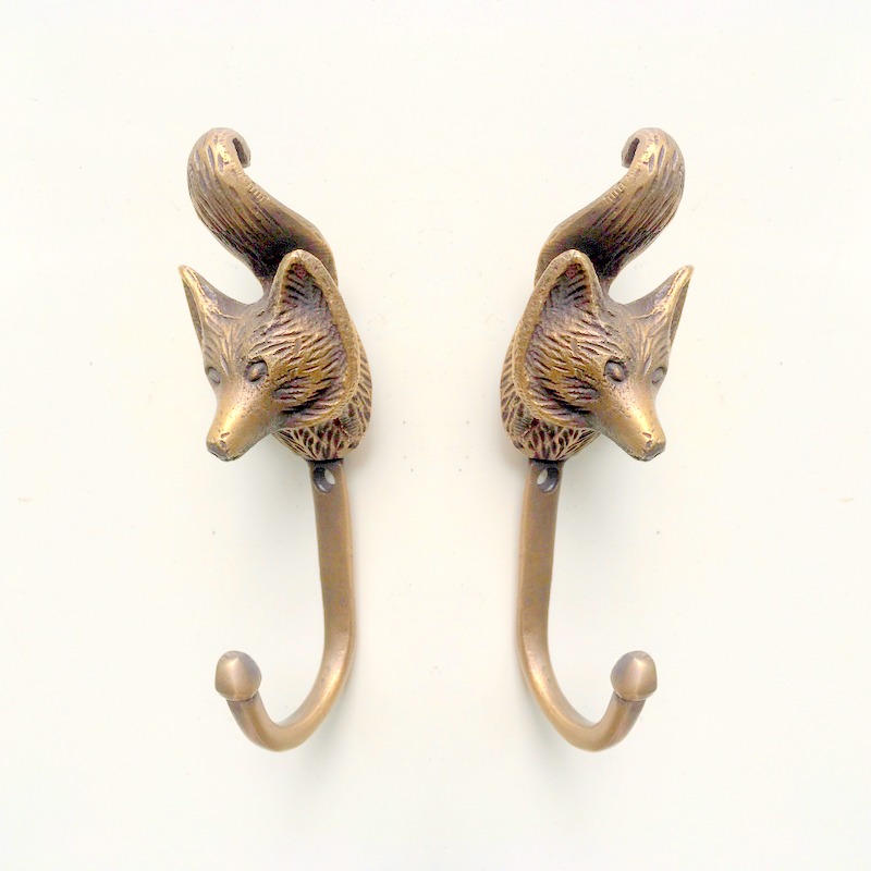 2 small version old style Vintage FOX Head 4.1/4 Solid Brass hook Antique  Strong Wall Mount Coat Hat Hook old vintage style hand made pure brass aged  - Silk Road Yamba 