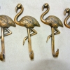 4 FLAMINGO hooks 5.1/2 " long aged solid real heavy BRASS old vintage style natural brone patina hand made heavy 13 cm hanger screw bird