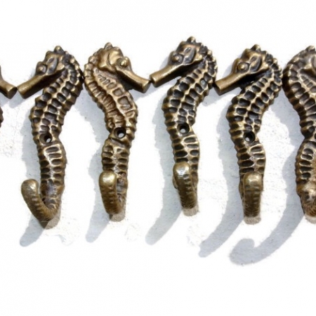 6 small SEAHORSE solid brass HOOKS COAT wall mounted beach old style hook 8.5 cm 3" polished brass