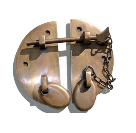 2 large heavy round HASP & STAPLE 4.1/2" chain bolt OVAL catch latch box door solid pure brass 11 cm vintage style antiques retro box trunk