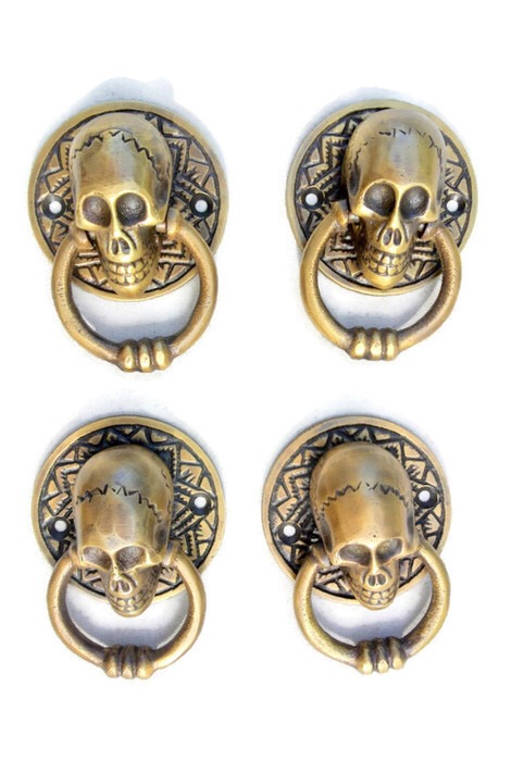 2 small SKULL head ring pull Handle cast BRASS day of the dead cabinet door 5cmB 