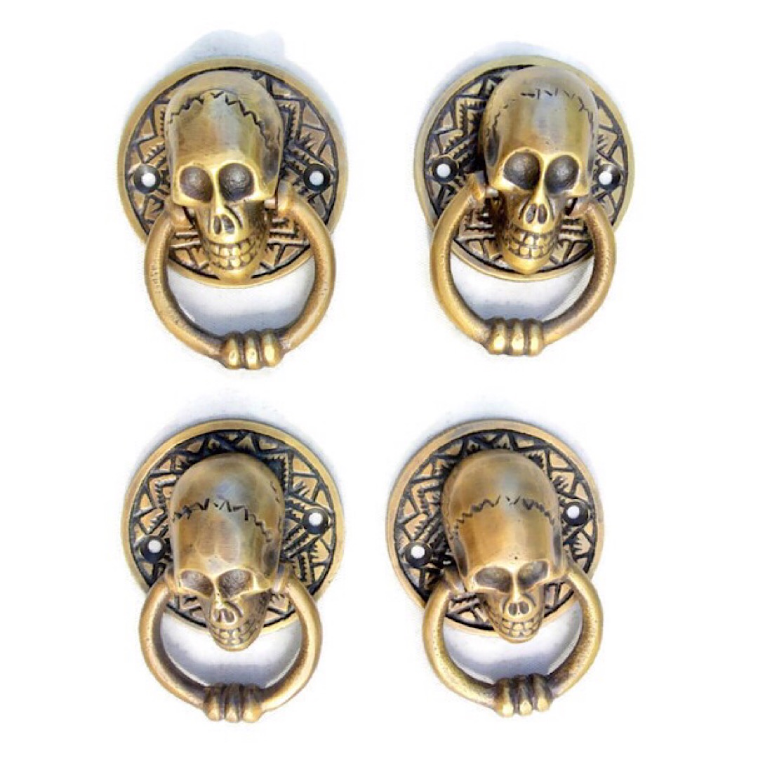 4 Small Skull Head Ring Pull Handle Cast Brass Day Of The Dead