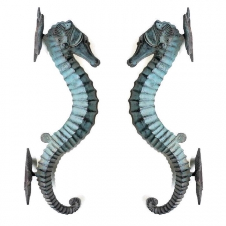 2 Large Seahorse Door Pull Handles Antique Green Polished 32 cm 14 “ B 