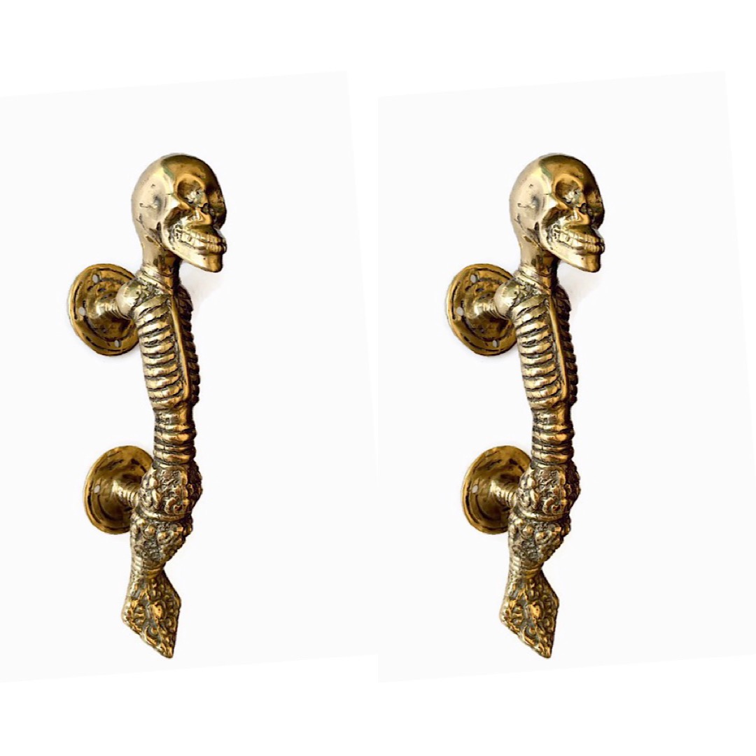 3 small SKULL head handle DOOR PULL spine natural AGED 100% BRASS old style 8" B 
