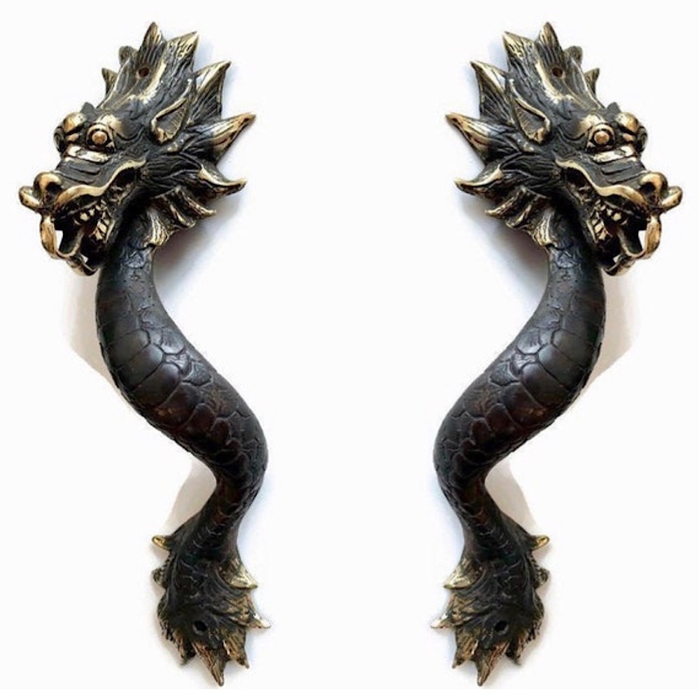 2 Dragon door pull 30 cm aged pure brass old style house handle 12" long B 
