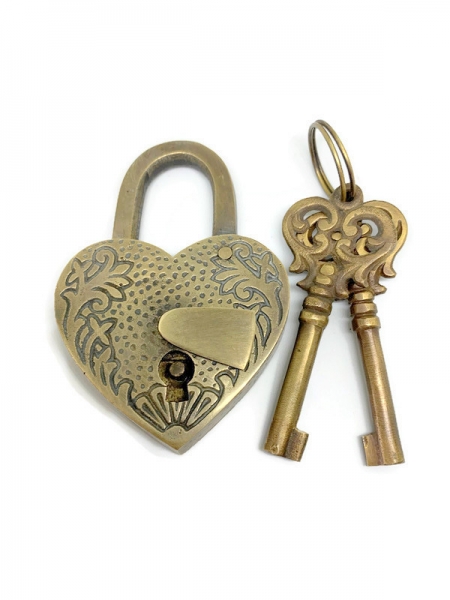 1 EMBOSSED 3" Vintage Style Antique HEART LOVE PADLOCK Shape Solid Brass Heavy Lock & 2 Keys