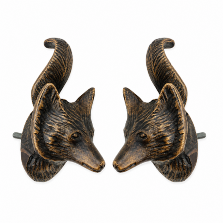 2 Small FOX Head KNOBS Solid Brass Cabinet Pulls Vintage Style Handmade Aged Cupboard Door Knobs 63mm