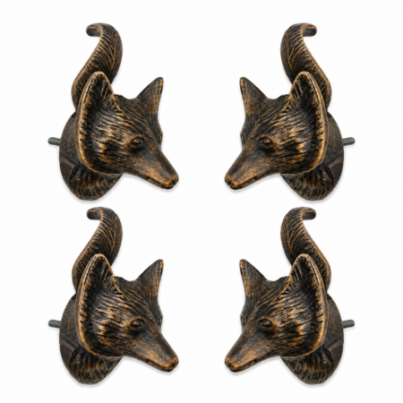 4 Small FOX Head KNOBS Solid Brass Cabinet Pulls Vintage Style Handmade Aged Cupboard Door Knobs 63mm