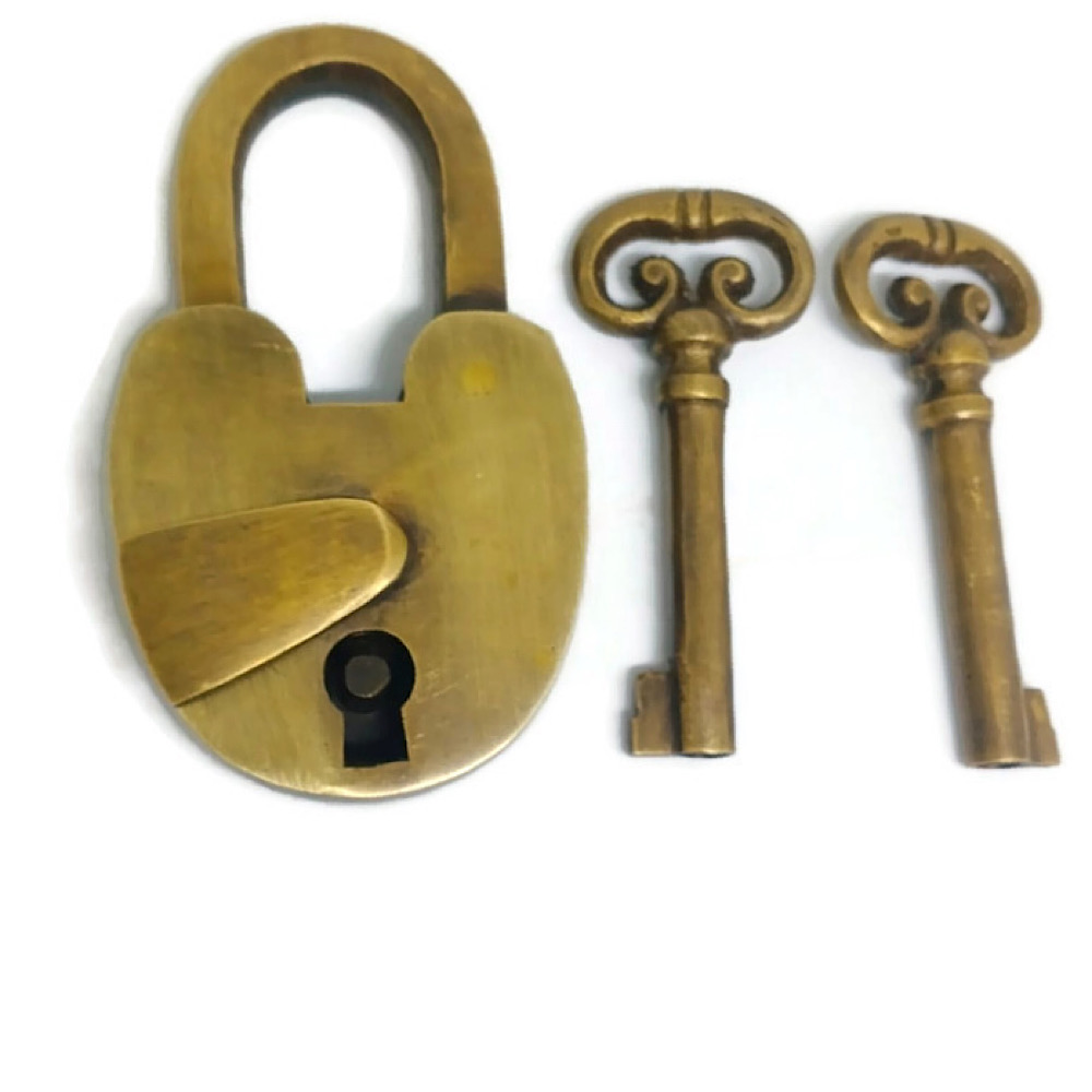 LONG THROW Padlock old Vintage stye lock solid brass skeleton 2 key heavy B 