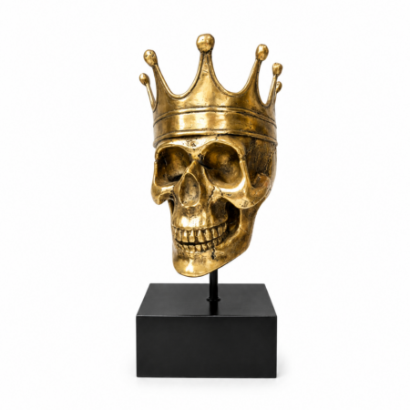 Large Brass Skull Head Statue on Black Base 8” Gothic Skeleton Day of the Dead Decor