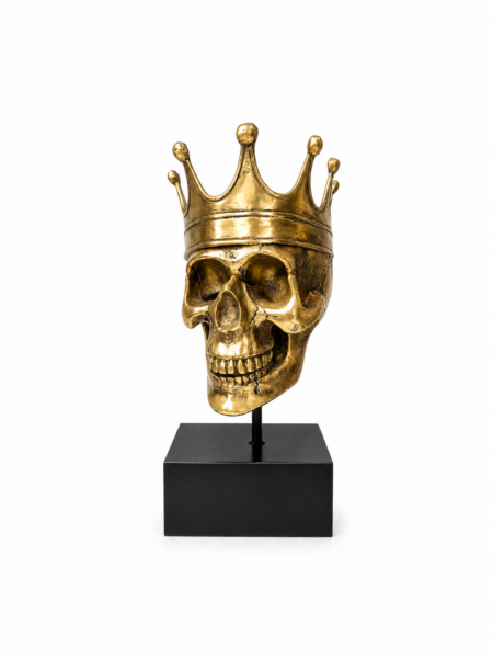 Large Brass Skull Head Statue on Black Base 8” Gothic Skeleton Day of the Dead Decor