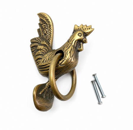 Solid Brass Chicken Hen Rooster Ring Pull Knob – 4⅜ 11 cm Vintage Cabinet Handle