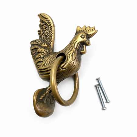 Solid Brass Chicken Hen Rooster Ring Pull Knob – 4⅜ 11 cm Vintage Cabinet Handle