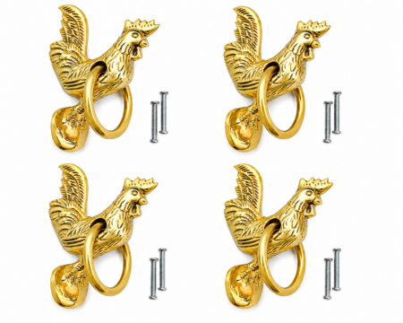 4 x Solid Brass Chicken Hen Rooster Ring Pull Knob – 4⅜" / 11 cm Vintage Cabinet Handle
