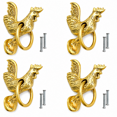 4 x Solid Brass Chicken Hen Rooster Ring Pull Knob – 4⅜" / 11 cm Vintage Cabinet Handle