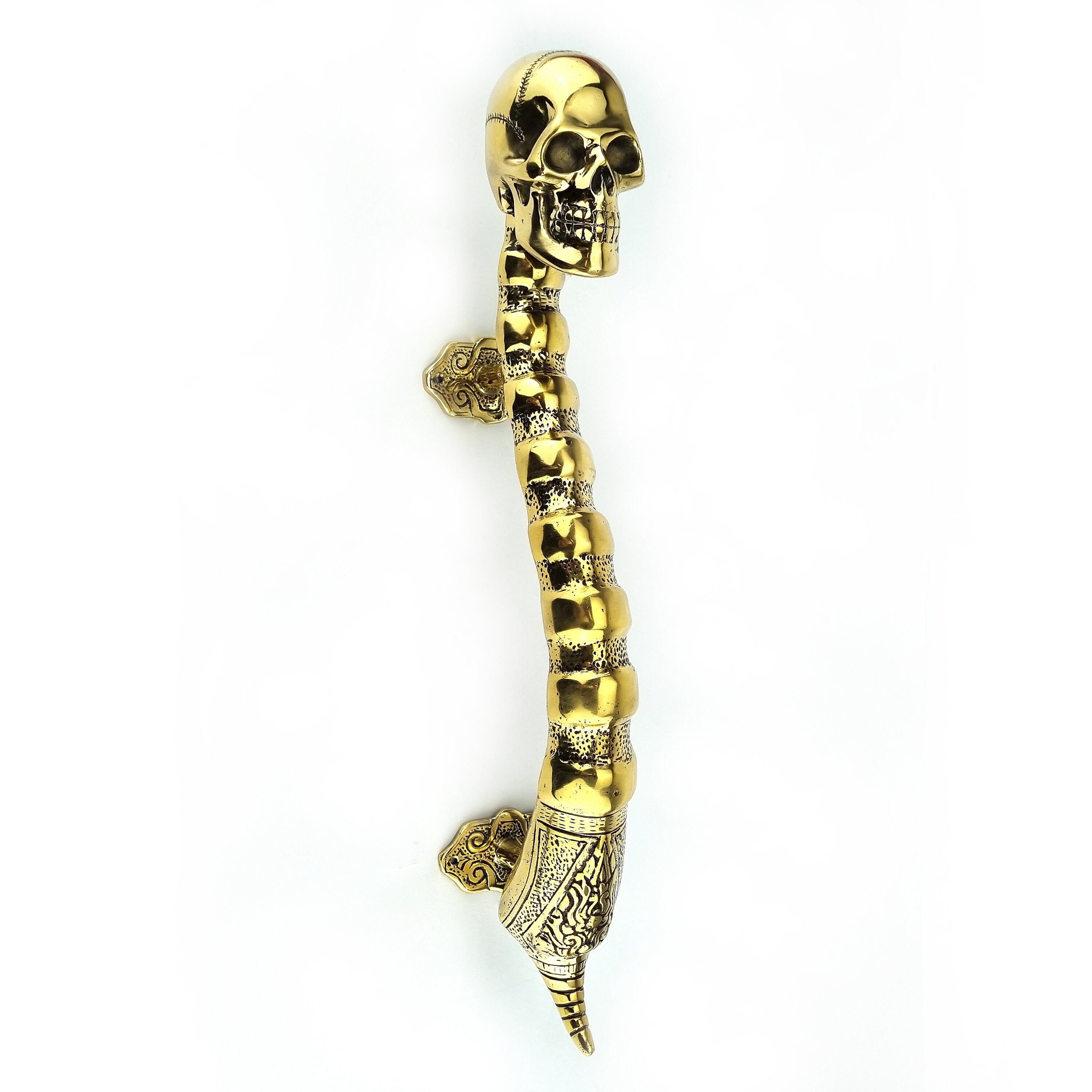 massive SKULL handle door pull spine solid pure brass old style 19" long heavy polished natural bronze brass patina