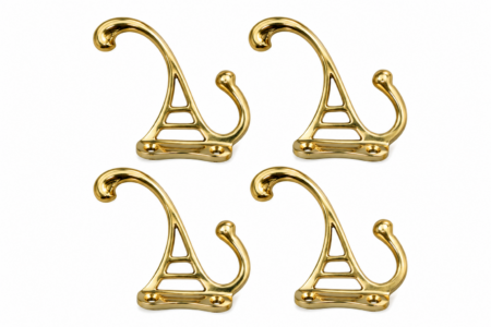4 Solid Brass Coat Hooks – Watson 486 Style – 4 Deco Hall Stand Hooks – Heavy Vintage Brass Door & Furniture Hooks – Set of 4