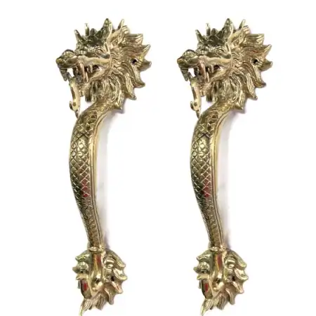 2 x LARGE 10.1/2" DRAGON DOOR PULLS – HAND CAST REAL BRASS – VINTAGE ANTIQUE