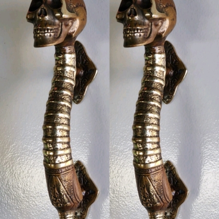 2 large SKULL handle DOOR PULL 33cm spine solid BRASS old vintage style bronze patina long 2 colour antique