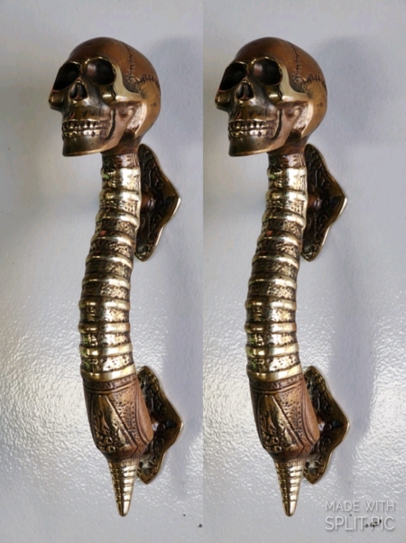 2 large SKULL handle DOOR PULL 33cm spine solid BRASS old vintage style bronze patina long 2 colour antique