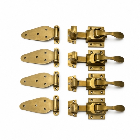 4 Solid Brass Offset Hinges & 2 Spring Catches Vintage Rustic Cabinet Hardware