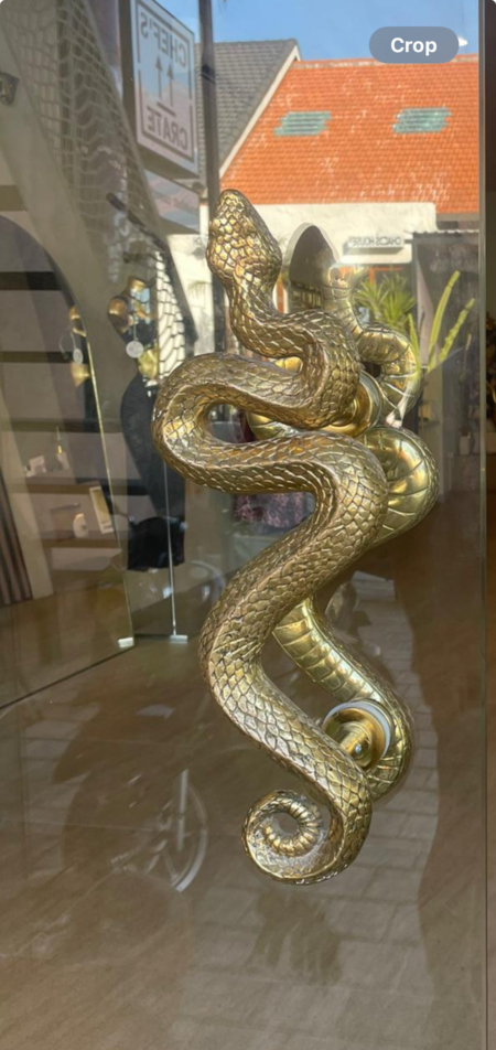 2 stunning back to back 14" inch long Small version RATTLE SNAKE gorgeous door handles pair heavy brass glass shower metal doors