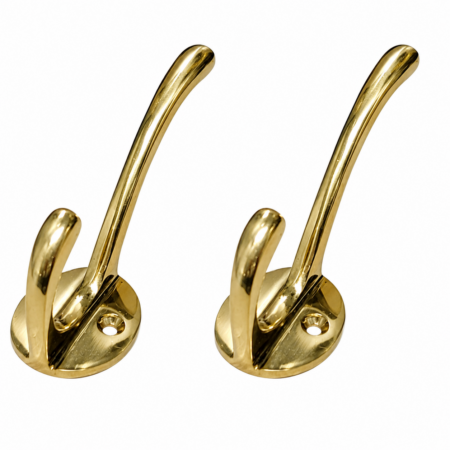 2 Small Period Coat Hooks No. 483 Solid Brass Vintage Deco Style Wall Hooks