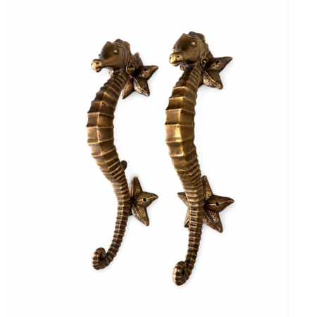 2 Large Solid Brass Seahorse Door Handles 14 Inch 35cm, Coastal Nautical Door Pulls, Antique Beach House Grab Handles