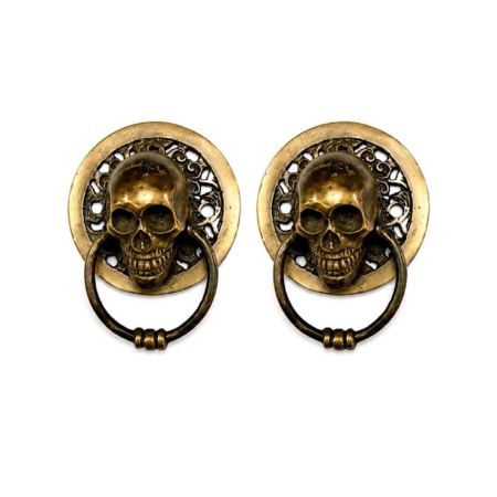 2 x Day of the Dead Skull Ring Pull Handle Solid Brass Cabinet Drawer Pull 3" Gothic Vintage