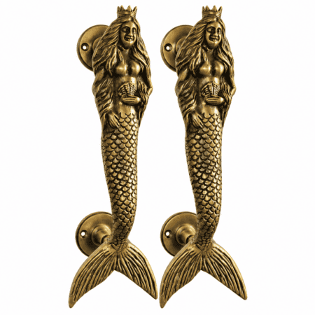 2 pieces brass 9 Long Hair Mermaid Vintage style heavy solid brass door handles pull stunning beautiful entry grab 22cm long