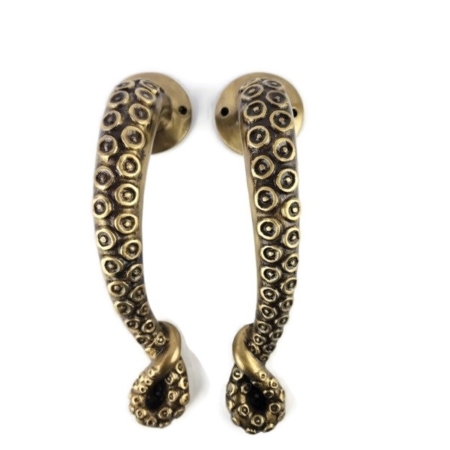 Large Octopus Tentacle Brass Door Handles Pair 11” Vintage Nautical Pulls Solid Brass Antique Style Grab