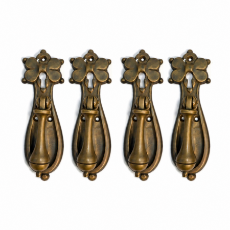 4 Aged Antique Style Flower Brass Cupboard Door Pull Handles with Keyhole – Heavy Solid Brass Vintage Reproduction 1701P