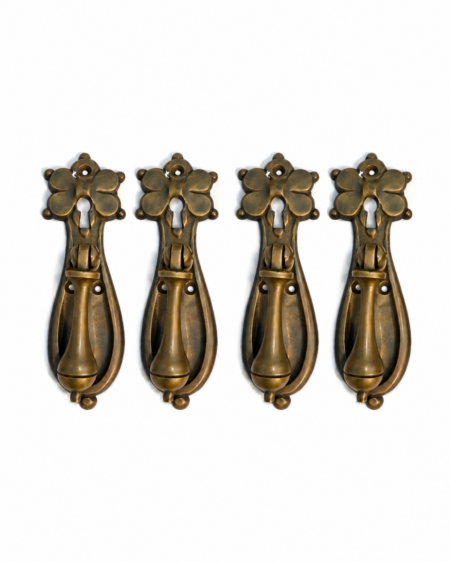 4 Aged Antique Style Flower Brass Cupboard Door Pull Handles with Keyhole – Heavy Solid Brass Vintage Reproduction 1701P