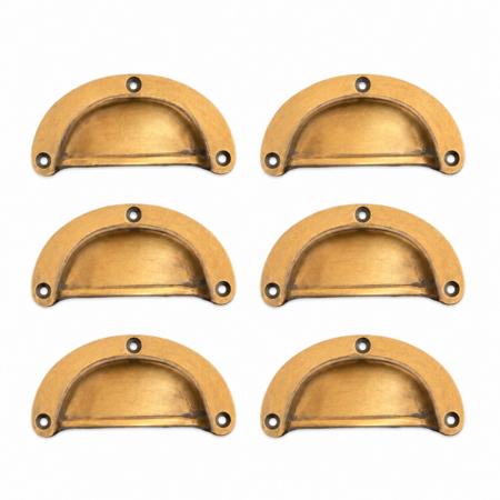 6 MEDIUM 3.1/4" SHELL SHAPE SOLID BRASS DRAWER PULL HANDLES – VINTAGE OLD STYLE – WATSON 3000