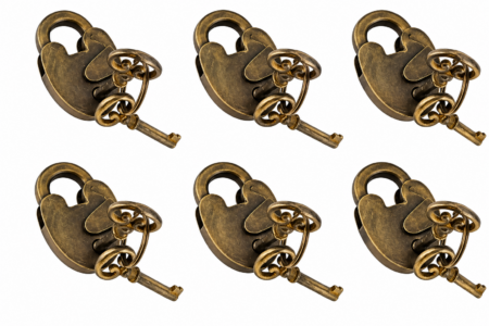 6 Sets – Small 2½" Vintage Solid Brass Padlocks – Antique Aged Style – 12 Skeleton Keys